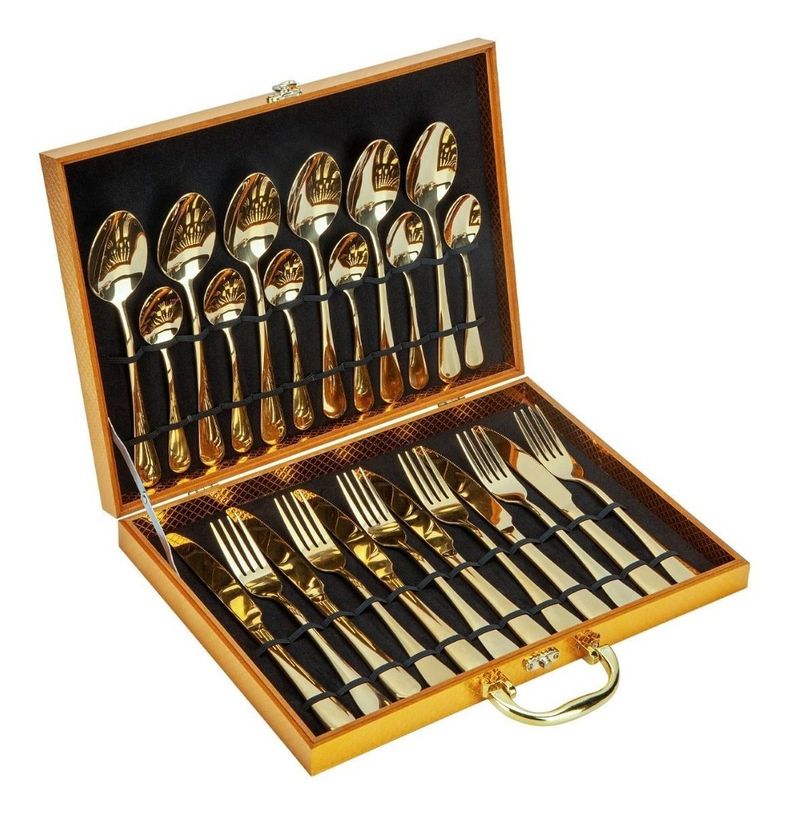 Set 24 Piezas Cuchillería Cubiertos De Lujo Acero Inoxidable Dorado-0