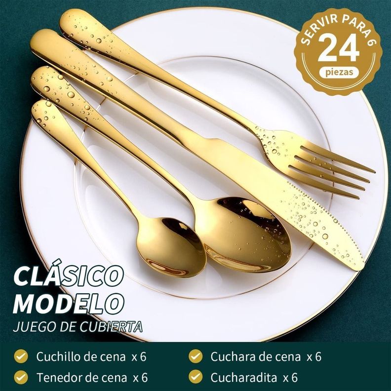 Set 24 Piezas Cuchillería Cubiertos De Lujo Acero Inoxidable Dorado-1