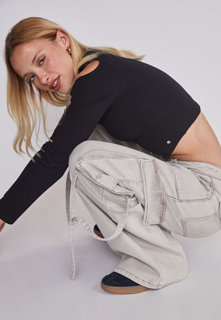 Jeans Mujer Cargo Tiras Gris Sioux-0