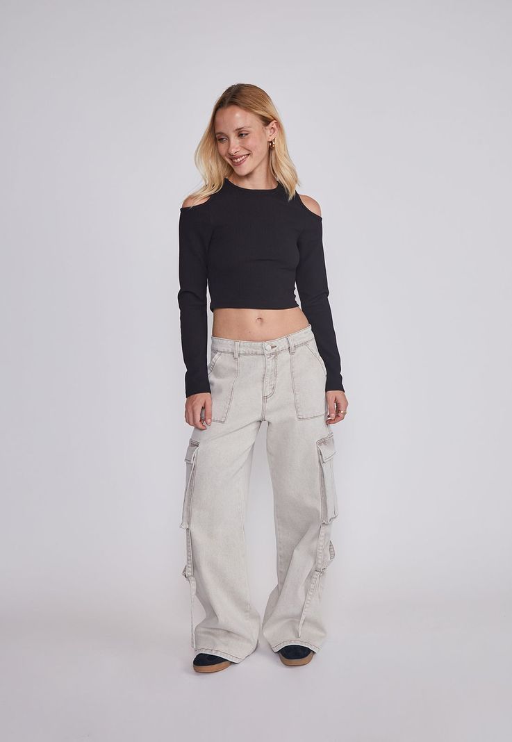 Jeans Mujer Cargo Tiras Gris Sioux-4
