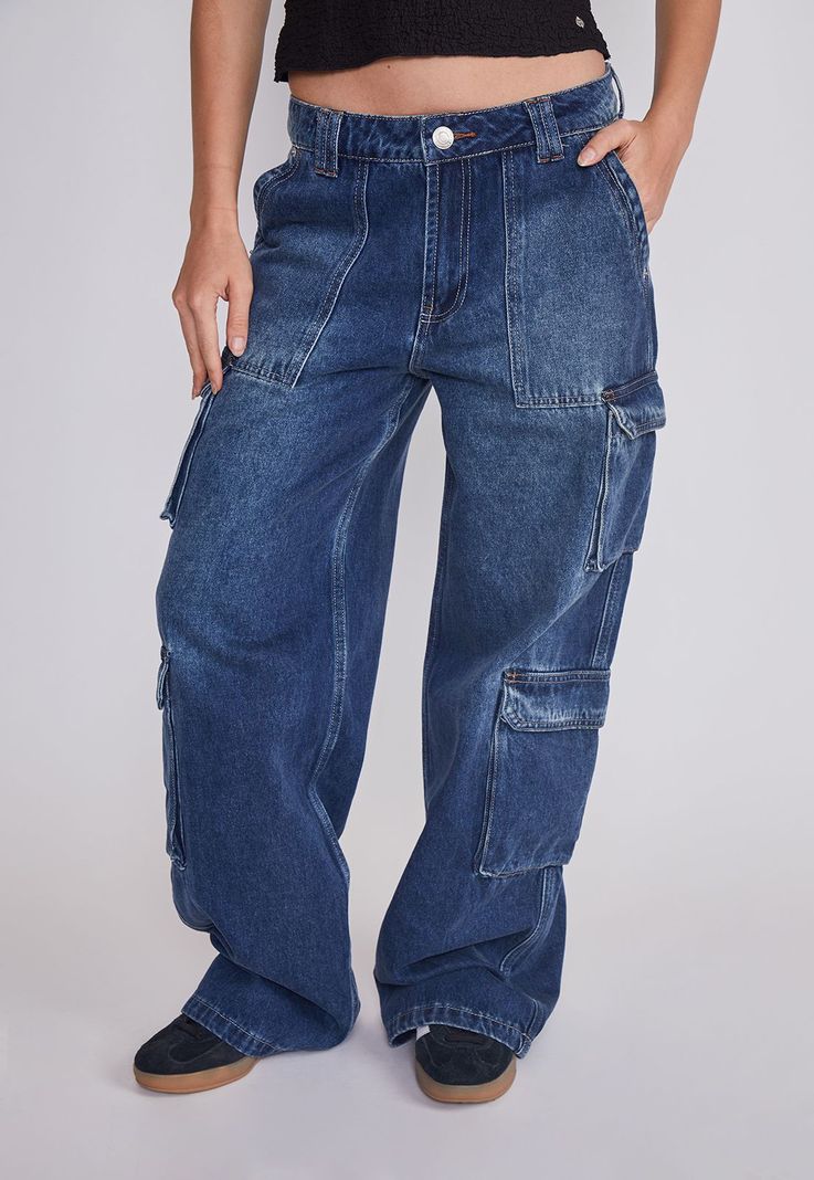 Jeans Mujer Wide Leg Cargo Azul Sioux-0