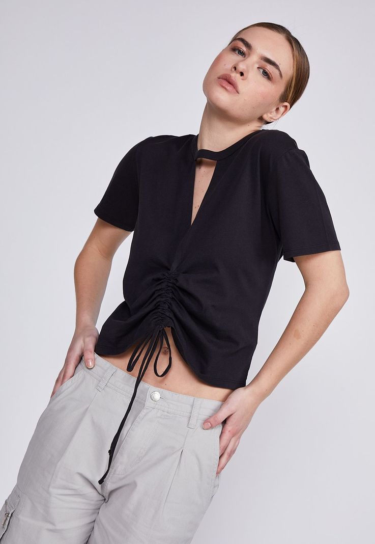 Polera Mujer Negro Escote Fruncido Sioux-3