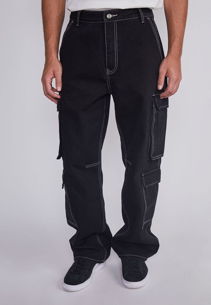 Jeans Hombre Multicargo Contraste Negro Sioux-0