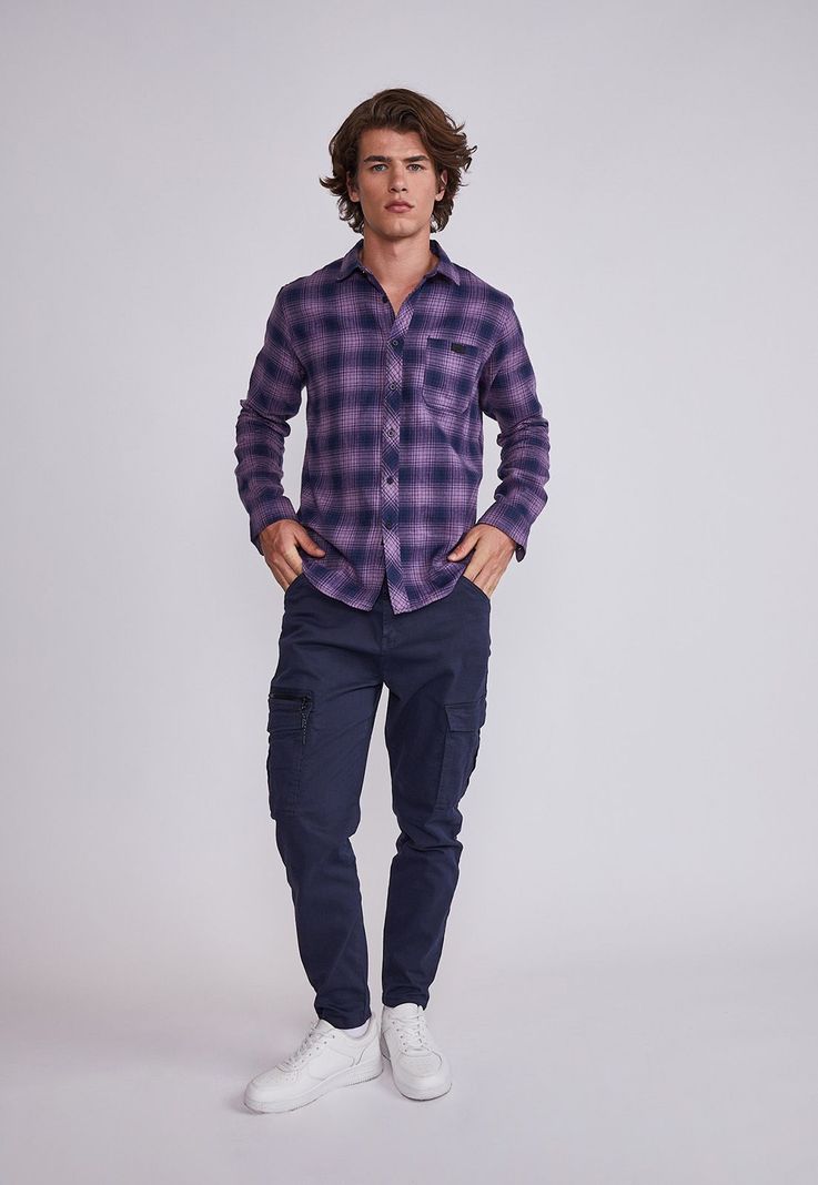 Camisa Hombre Morado Cuadros Con Botones Sioux-3