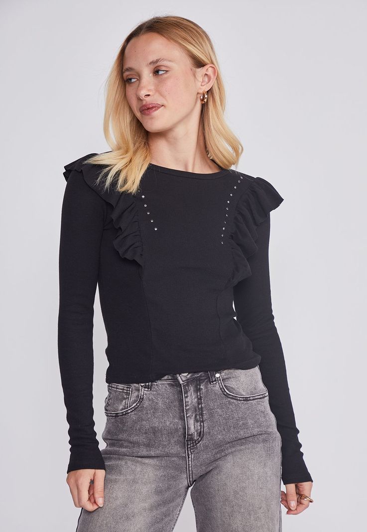 Polera Mujer Vuelos Delantero Negro Sioux-0