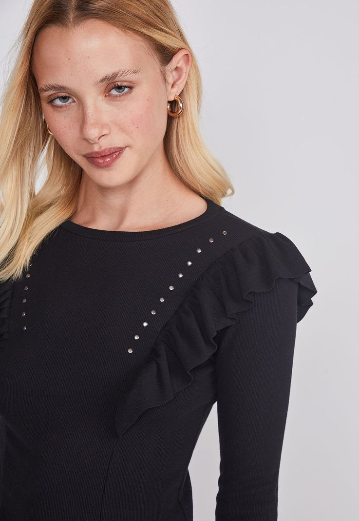Polera Mujer Vuelos Delantero Negro Sioux-1