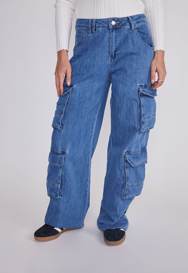 Jeans Mujer Cargo Wide Leg Azul Sioux-1