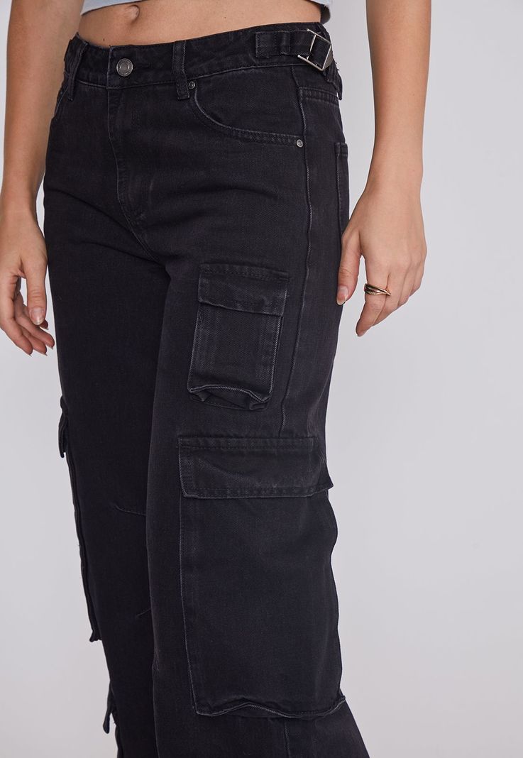 Jeans Mujer Cargo Ajustador Negro Sioux-2