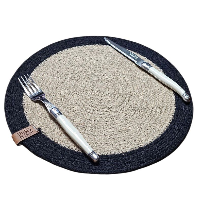 Set 6 Individuales 33 cm Mesa Terraza Mantel Yute Algodon Hecho a Mano Natura/Negro