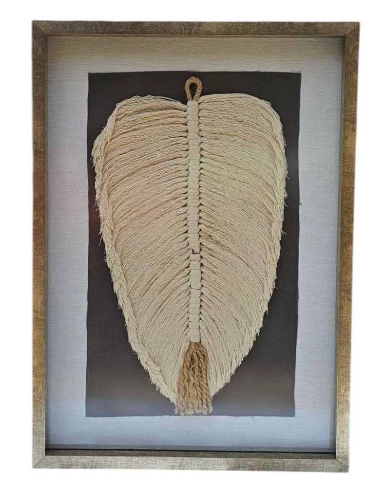 Cuadro Decoracion Hoja Algodon Arte Textil Hecho a Mano Macrame 60x40 con Vidrio
