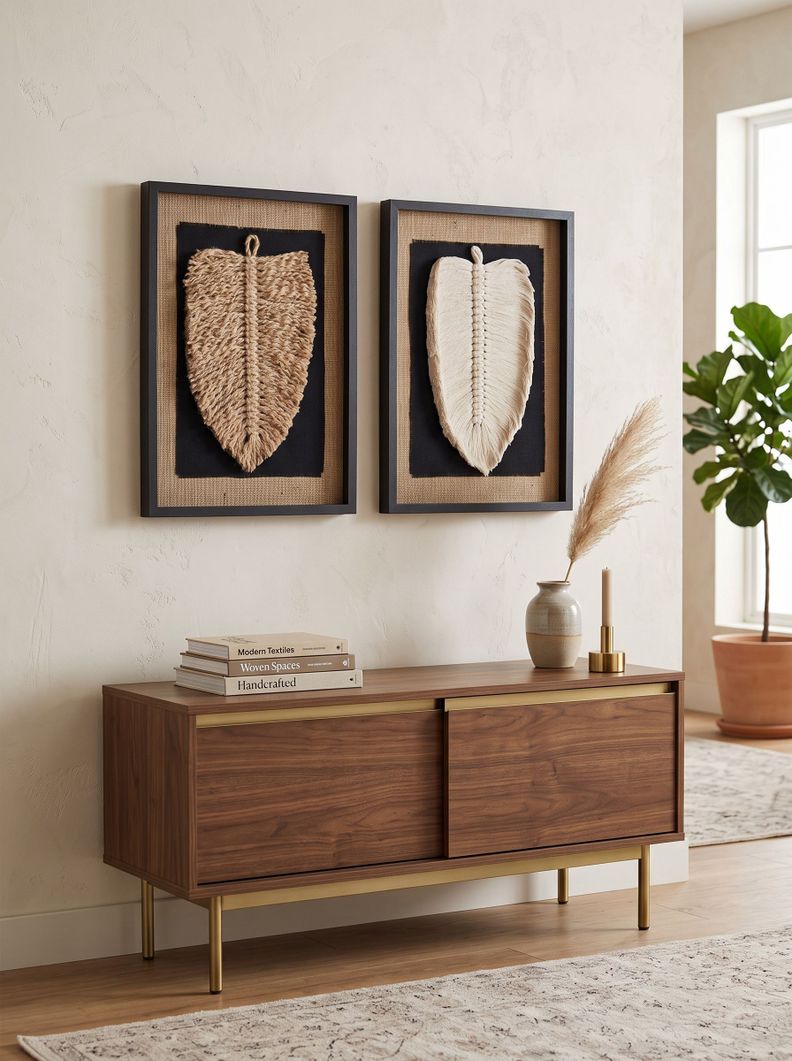 Duo Cuadro Decorativo Hoja Yute Algodon Arte Textil Hecho a Mano 50x34 c vidrio