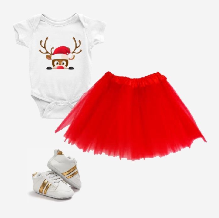 Conjunto Bebé Navidad Niña Reno Tutú Body Pilucho Zapatillas-0
