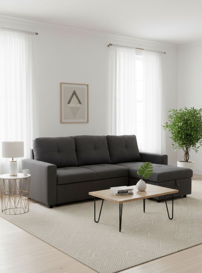 Sofa Seccional Cama 2 Plazas Lino Grueso Reversible Wing Gris