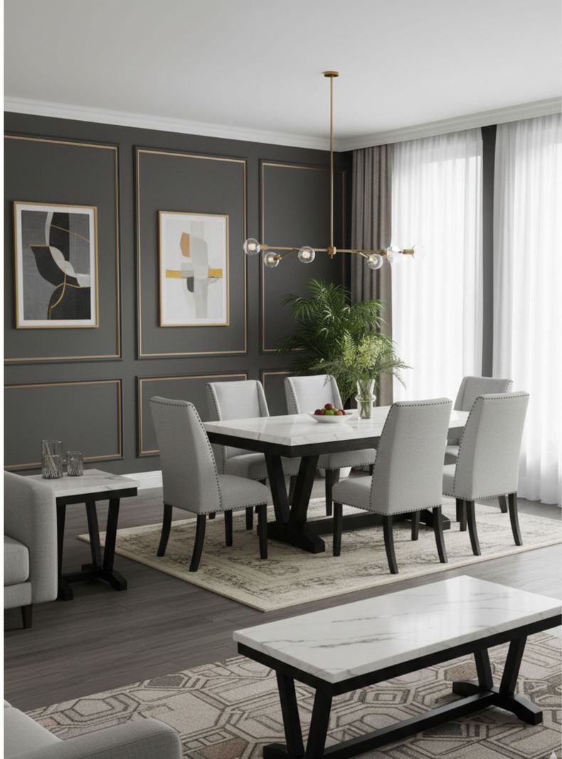 Juego de Comedor 6 Sillas Rodeus + Mesa de Centro + Mesa Lateral Mármol Blanco