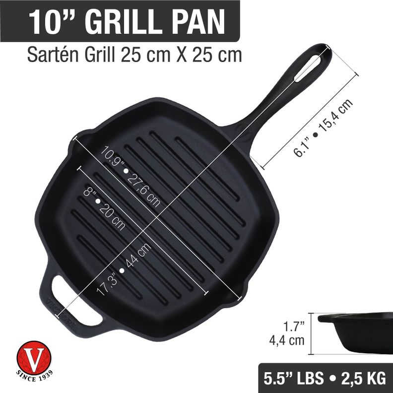 Sartén para Asar y Parrilla Cuadrado con Mango de Hierro Fundido 25x25cm Precurada-4
