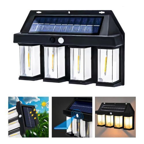 Lampara Solar De Pared 4 Focos + Sensor Movimiento Luz Cálida Exterior-0