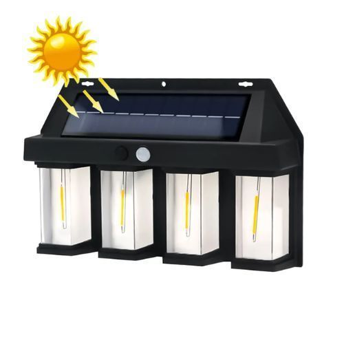 Lampara Solar De Pared 4 Focos + Sensor Movimiento Luz Cálida Exterior-1