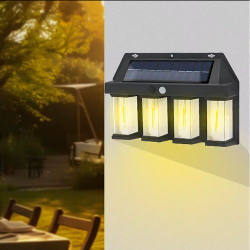 Lampara Solar De Pared 4 Focos + Sensor Movimiento Luz Cálida Exterior-3