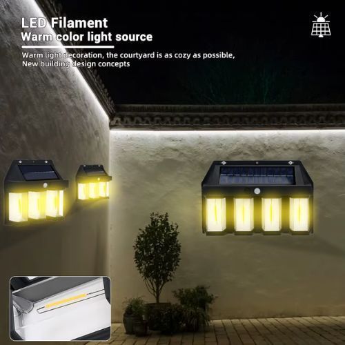 Lampara Solar De Pared 4 Focos + Sensor Movimiento Luz Cálida Exterior-4