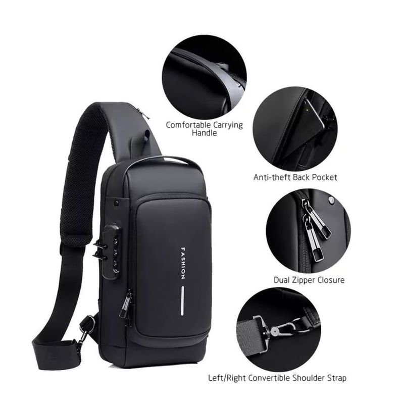 Bolso Bandolera Negro Antirrobo Impermeable Hombre con Puerto USB-1