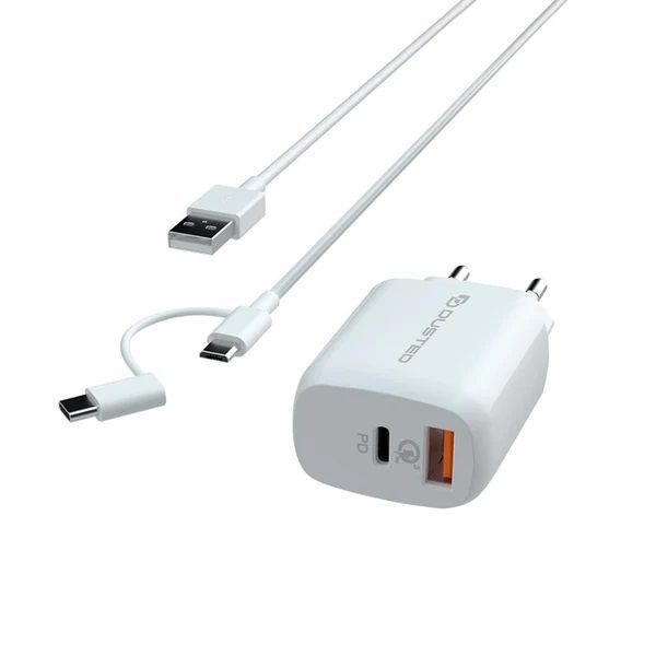Cargador USB-C PD Carga Rápida 20W Compatible con iPhone y iPad Dusted con Cable 2en1 Blanco-1