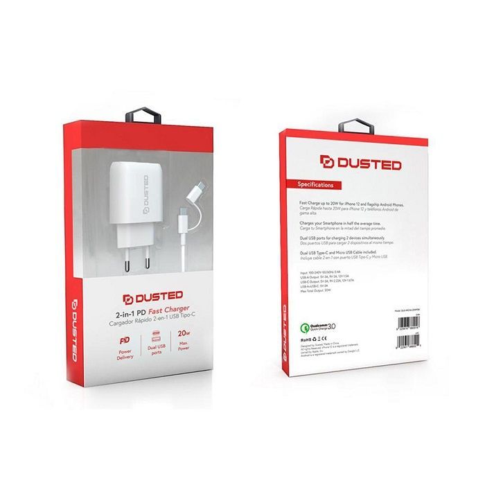 Cargador USB-C PD Carga Rápida 20W Compatible con iPhone y iPad Dusted con Cable 2en1 Blanco-2