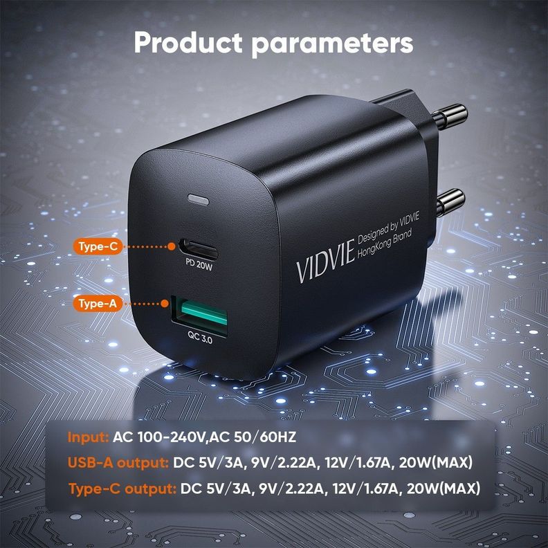 Cargador Carga Rapida 20w Usb Tipo C Para Android Vidvie PLE248-5