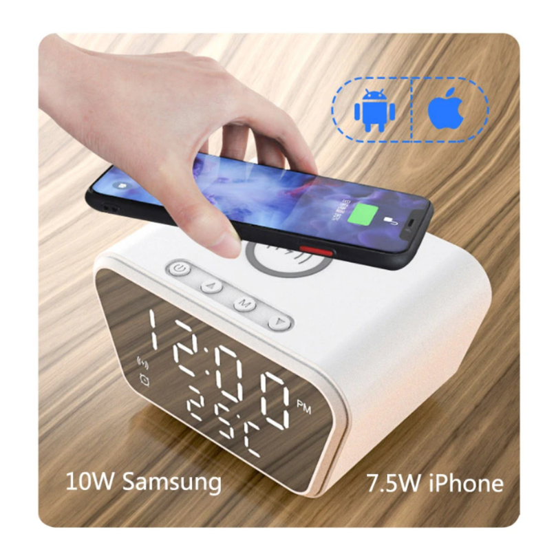 RELOJ DESPERTADOR DIGITAL CON CARGADOR INALAMBRICO BLANCO-1