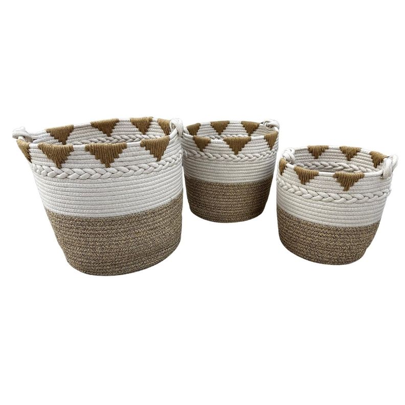 Pack 3 Canasto Macetero Fibra Natural Tejido Cuerdas Blancas-0