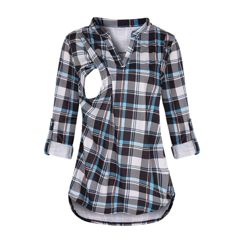 Polera Lactancia Maternidad Camisa Manga Larga Cuadro Negra-0