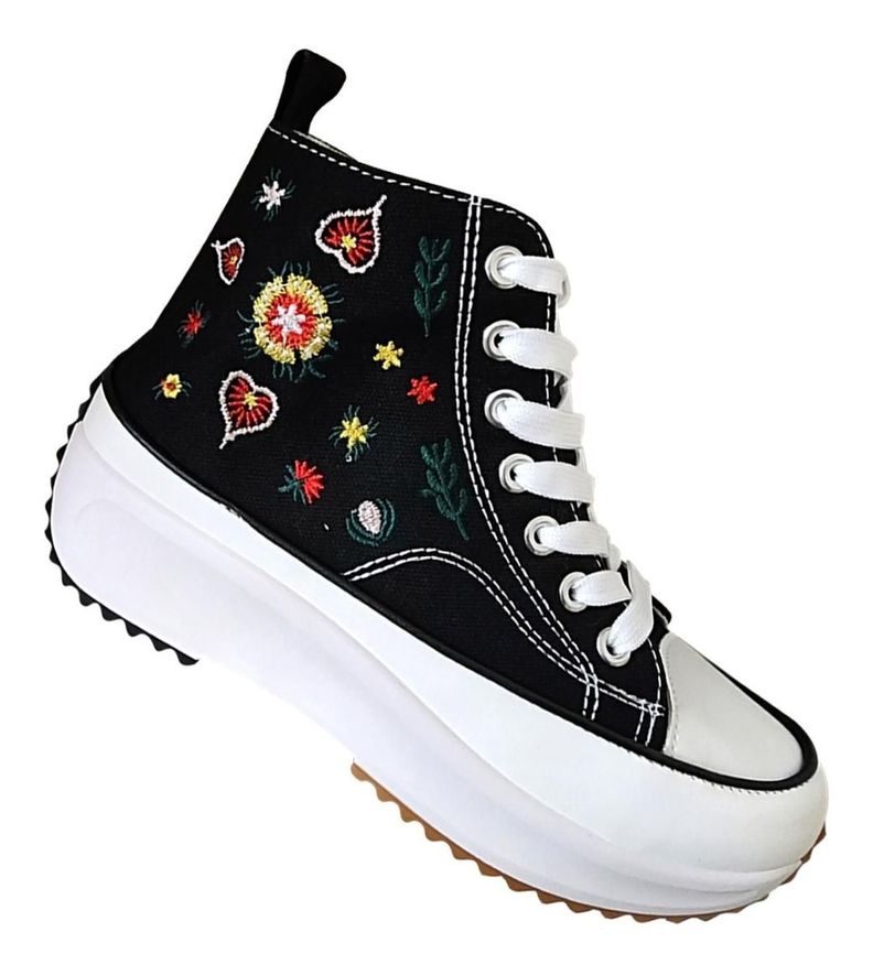 Zapatilla Mujer De Lona Plataforma Urbana Negro Bordado 7075-0