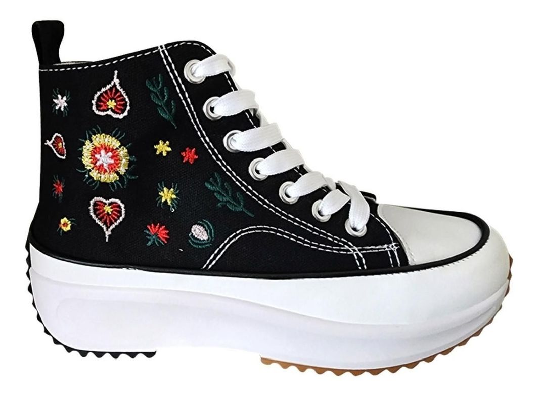 Zapatilla Mujer De Lona Plataforma Urbana Negro Bordado 7075-1