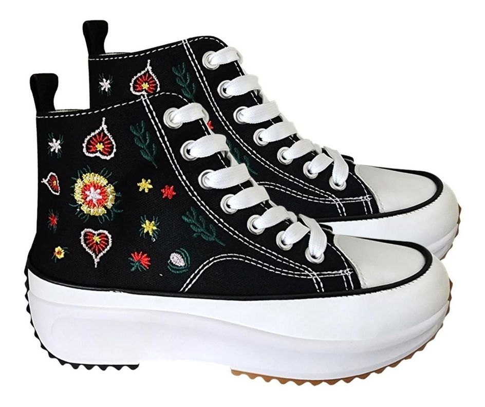 Zapatilla Mujer De Lona Plataforma Urbana Negro Bordado 7075-2