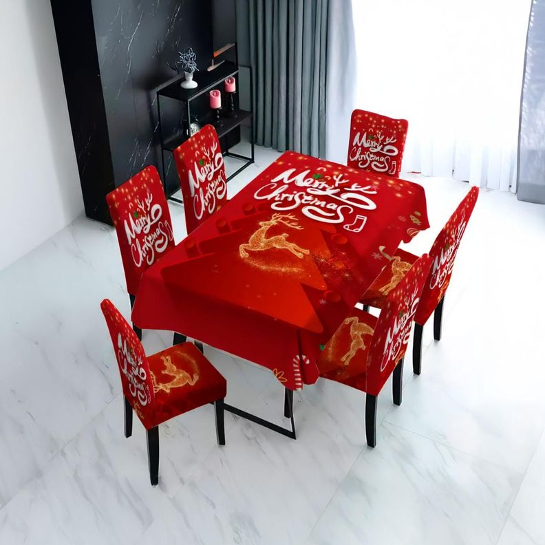 Mantel navideño arbol de navidad + 6 Fundas para sillas elasticadas-1