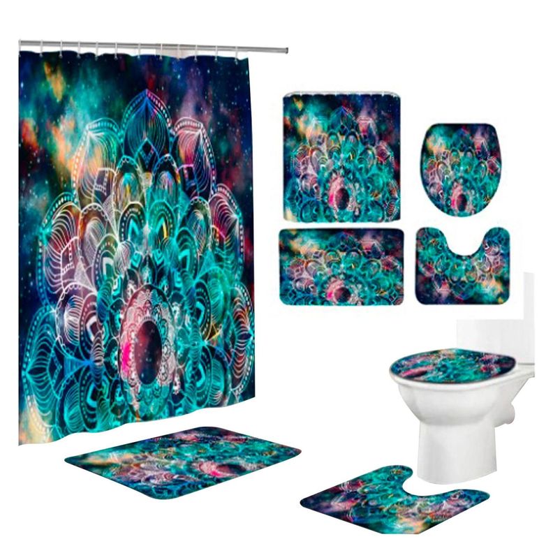 Cortina De Ducha + Set De Alfombra + Tapete Baño Mandala Multicolor-0