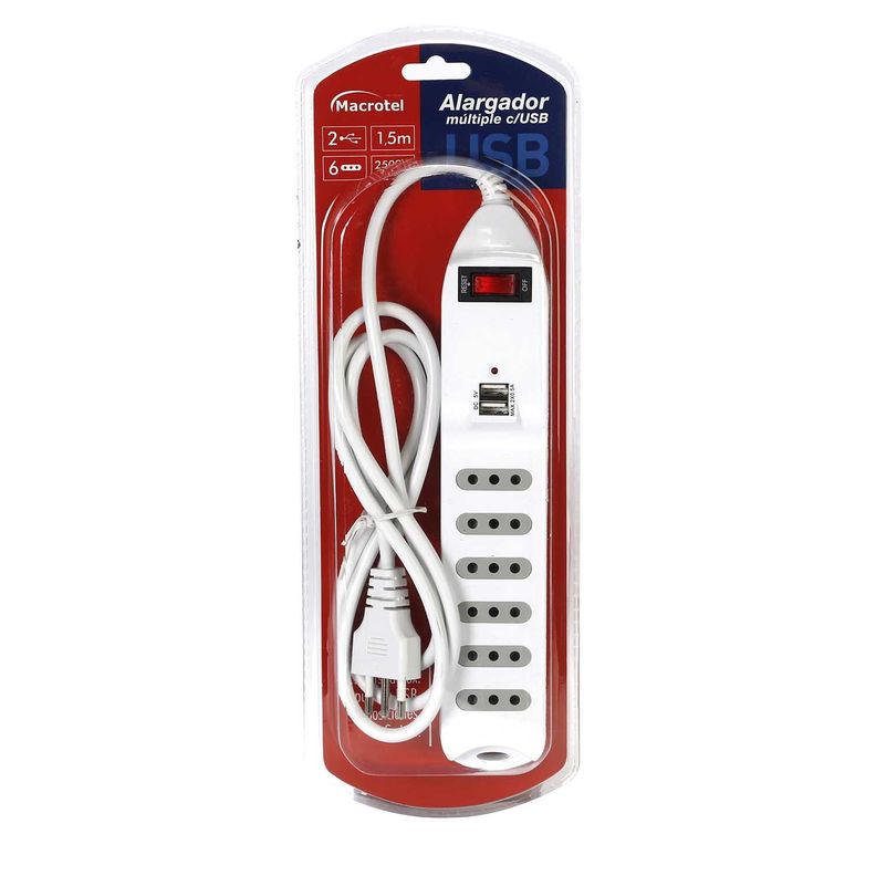 Alargador Zapatilla con Switch Macrotel 6 posiciones 2 USB-1