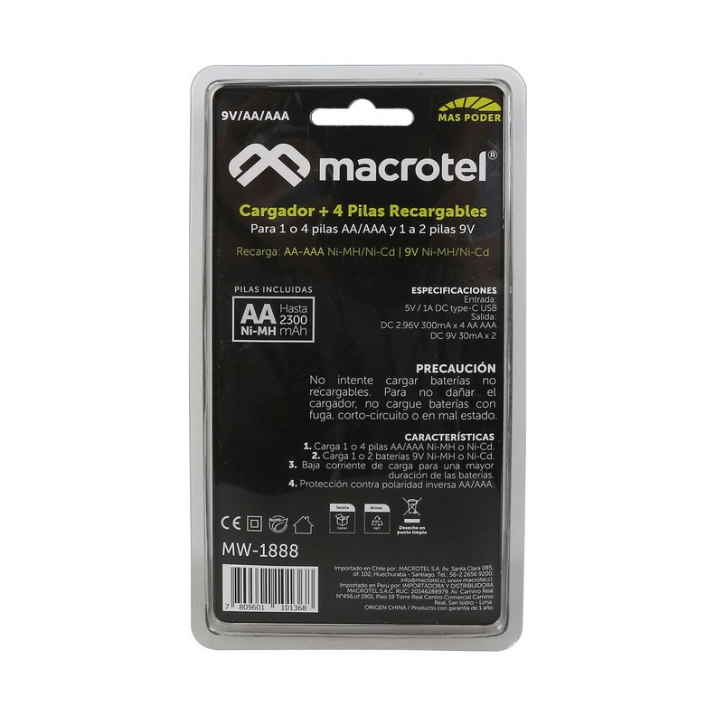 Cargador De Pilas Macrotel + 4 Pilas AA 2300ma-1
