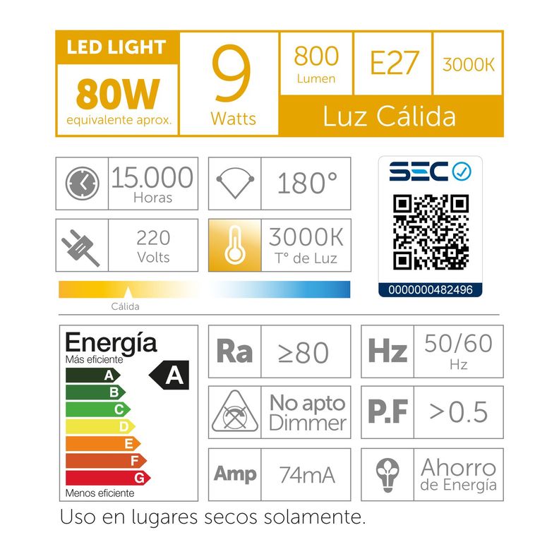 Ampolleta Led a60 9w Luz Cálida-2