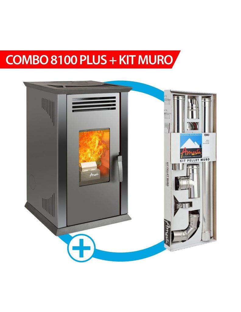 Amesti Calefactor a Pellet Amesti Italy 8100 Plus Negra + Kit Instalación Muro