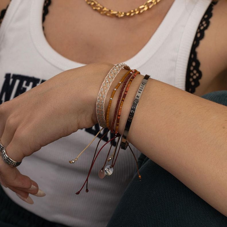 Pack Pulseras Mostaza, Café y Terracota con Mostacillas de Plata-1