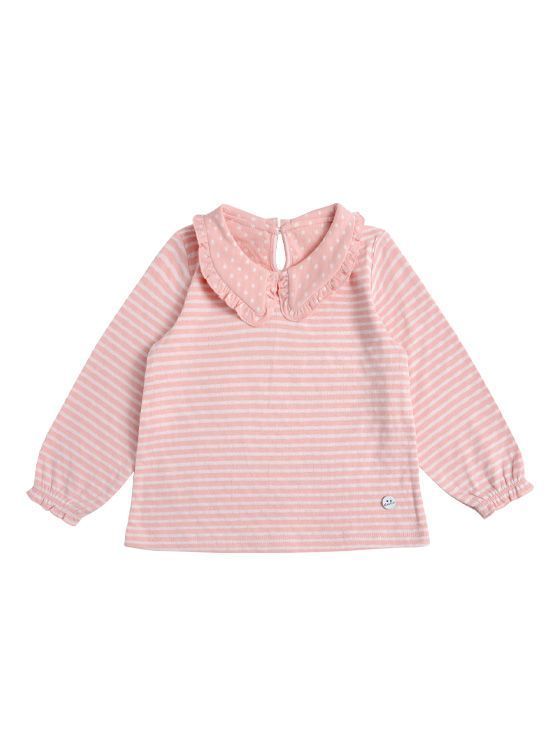Polera Manga Larga Bebe Nina con Rayas y Cuello Rosado 9