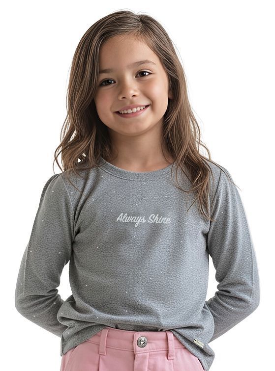 Polera Manga Larga Afranelada Nina con Estampado, Glitter y Strass Gris Claro 4 anos