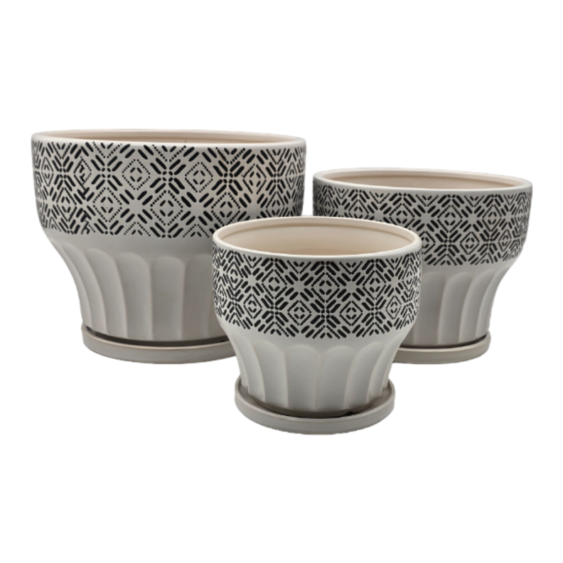 Set 3 Macetero Maceta De Ceramica Blanco Patrones Negro Alto-0