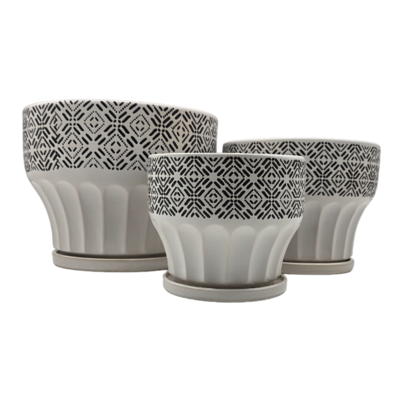Set 3 Macetero Maceta De Ceramica Blanco Patrones Negro Alto-1