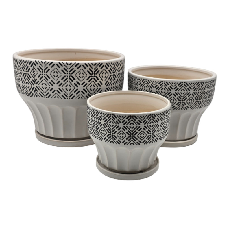 Set 3 Macetero Maceta De Ceramica Blanco Patrones Negro Alto-2