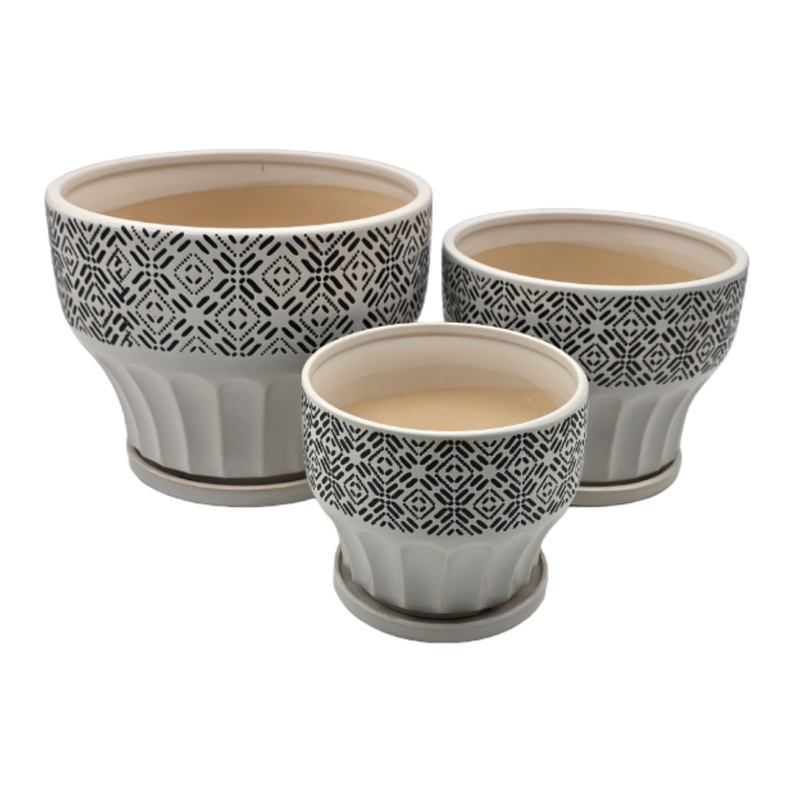 Set 3 Macetero Maceta De Ceramica Blanco Patrones Negro Alto-3