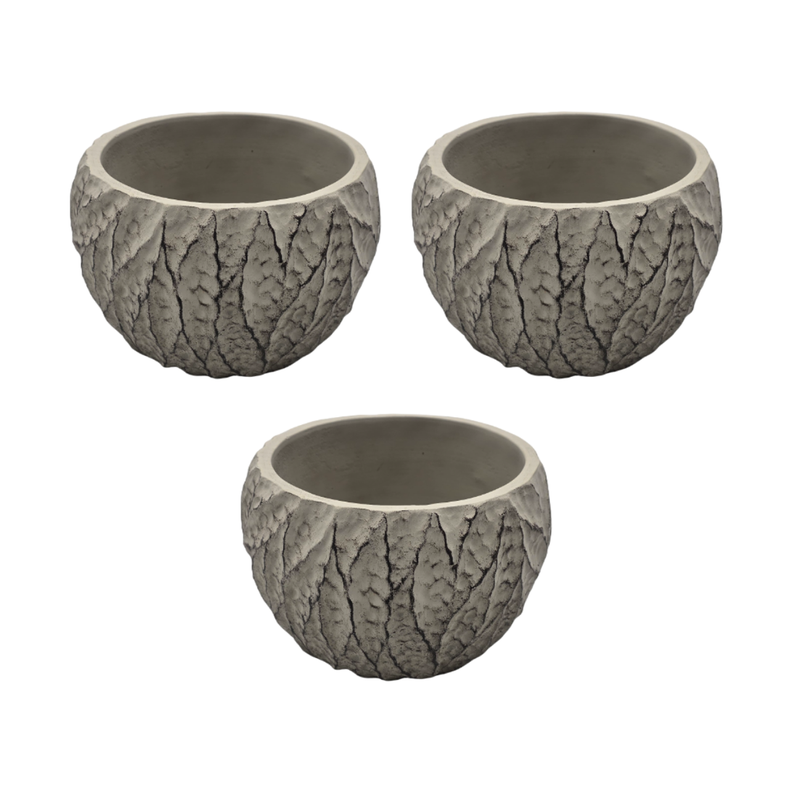 Set 3 Macetero Maceta Acabado Cemento Relieve Hojas Gris S-0