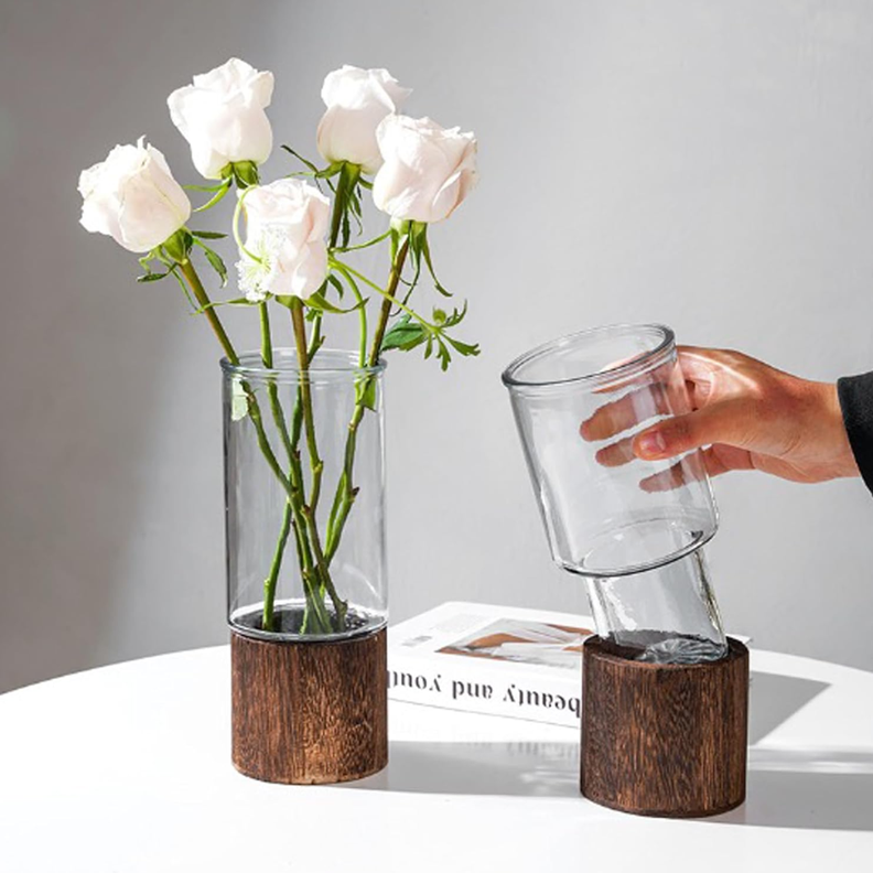 Florero Decorativo De Vidrio Cristal Liso Base de Madera-2