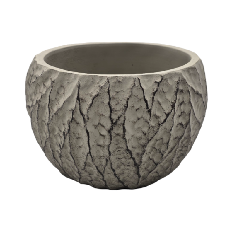 Set 3 Macetero Maceta Acabado Cemento Relieve Hojas Gris M-2