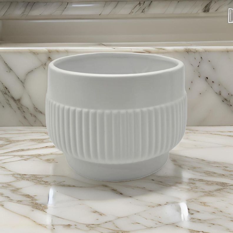 Macetero Maceta De Ceramica Lineas Relieve Blanco M-3